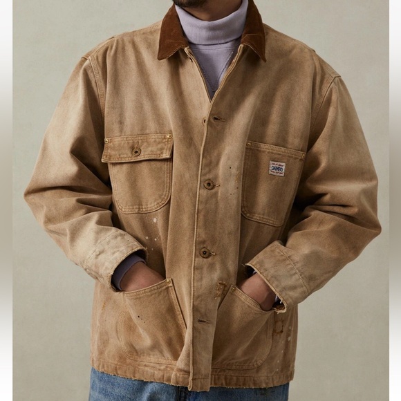 Paint Splatter Cargo Barn Jacket Work Chore Beige Canvas Corduroy S